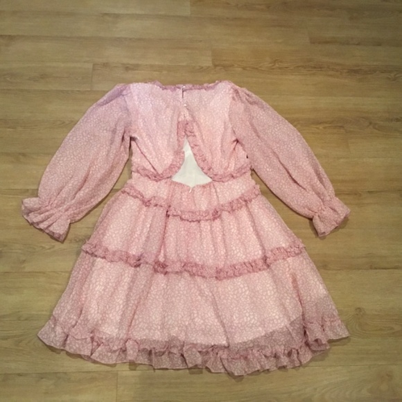 Women's Pink Deep V Neck Ruffle Flowing Mini Dress - Picture 8 of 9